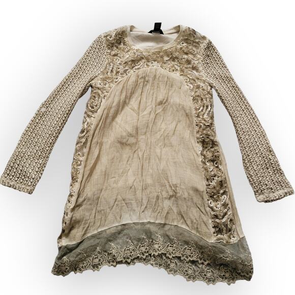Multiples Mixed Media Embroidered Long Sleeve Taupe Tunic Missy Women Sz XS - Picture 1 of 7